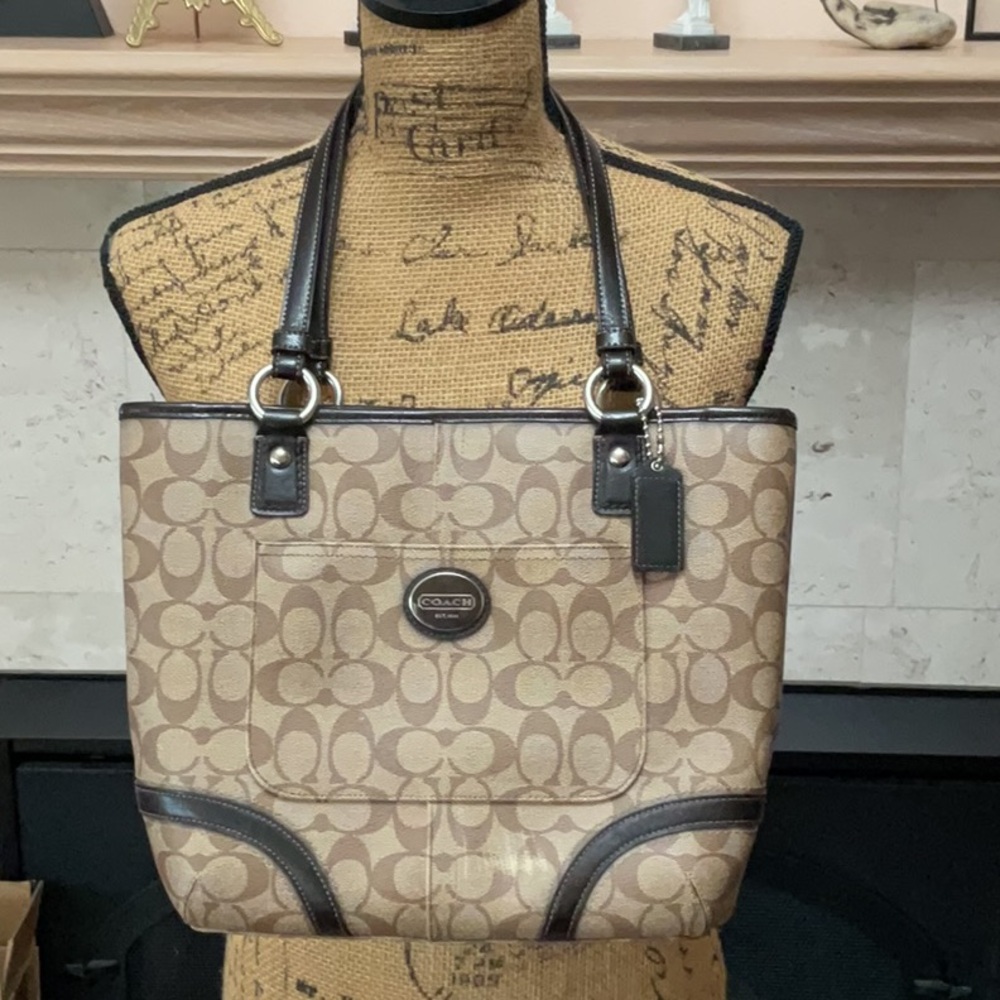 Vintage Coach Signature Canvas Tan Tote with Dark Brown Trim